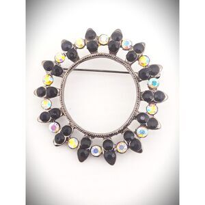 Black & AB Rhinestone Circular Brooch Pin Whimsy Goth Statement  2" Witchy Glam